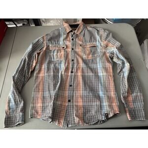 Akdmks Casual Shirt Mens Size M Orange WhiteStriped Button Up Long Sleeve Pocket